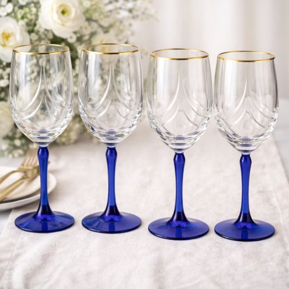 Lenox Crystal Wine Glasses Cobalt Blue Stem Gold Rim Set 4 VTG Elegant Stemware